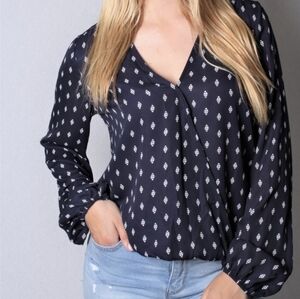 VIXBE Blue V-Neck Blouse with faux wrap style and Long Sleeves., Large